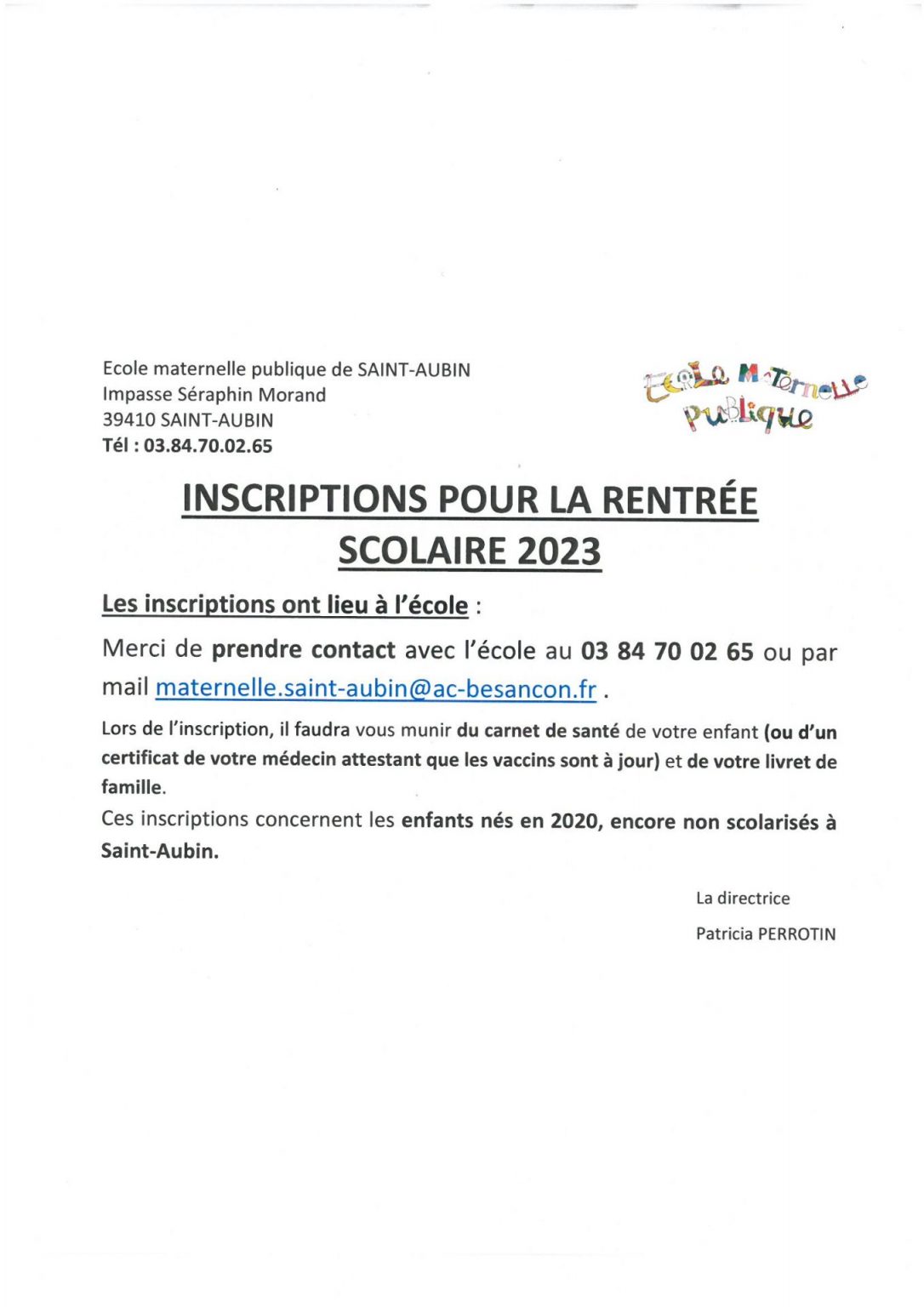 Inscriptions Ecole Maternelle Rentrée 2023 Saint Aubin Du Jura